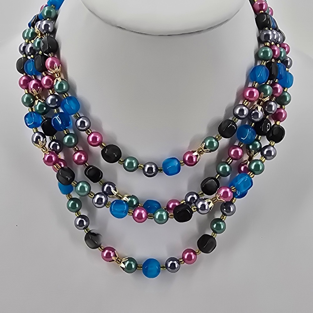 Vintage Japan Multi Strand Faux Pearl Glass Bead Necklace Teal Pink Blue Gold